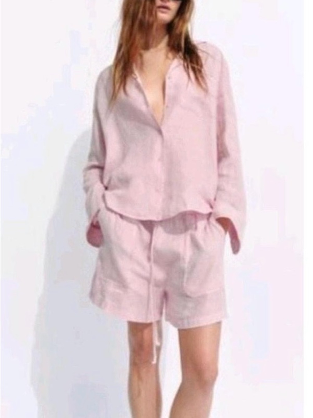 Zara Two Piece Set Button-Down Linen Shirt & Drawstring Shorts